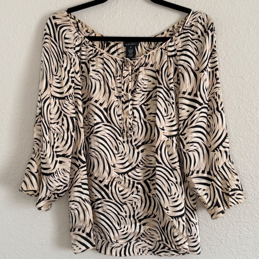 Y2K‎ Womens 10 Silk Abstract Animal Print Blouse Maximalist Neutral Parisian